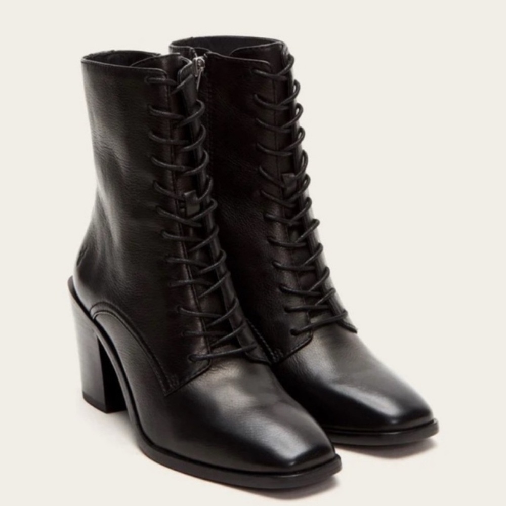 Rare Frye Pia Black Leather Lace Up Heel Ankle Bootie